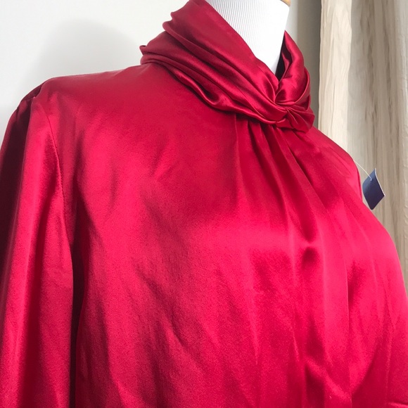 VTG Red Silk Satin Balloon Button Sleeve Blouse L - Picture 3 of 16